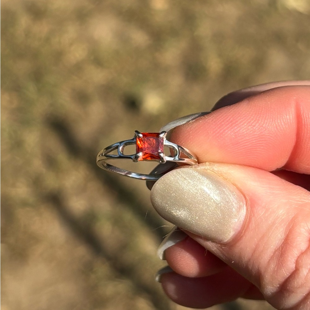Stunning Princess Cut Certified Orange Sapphire Ring in Sterling Silver Size 6